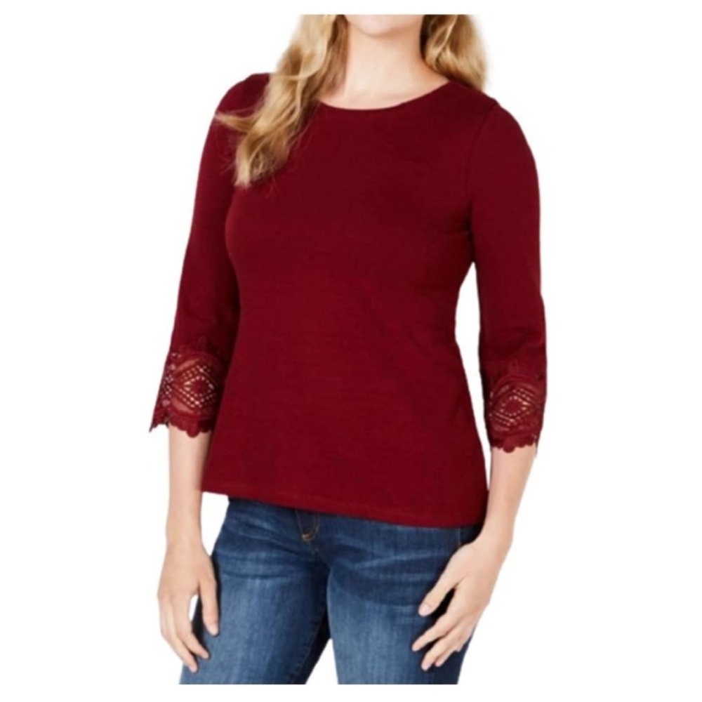 Charter Club Women's Lace Trim 3/4 Sleeve Knit Top Burgundy Petite SP NWT